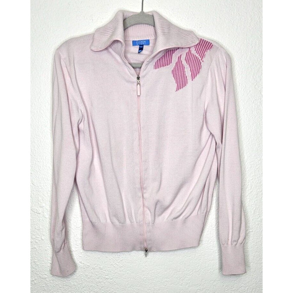 Vintage 90s Escada Cardigan Womens Medium Pink Full Zip Cotton Sweater Jacket - Picture 1 of 6
